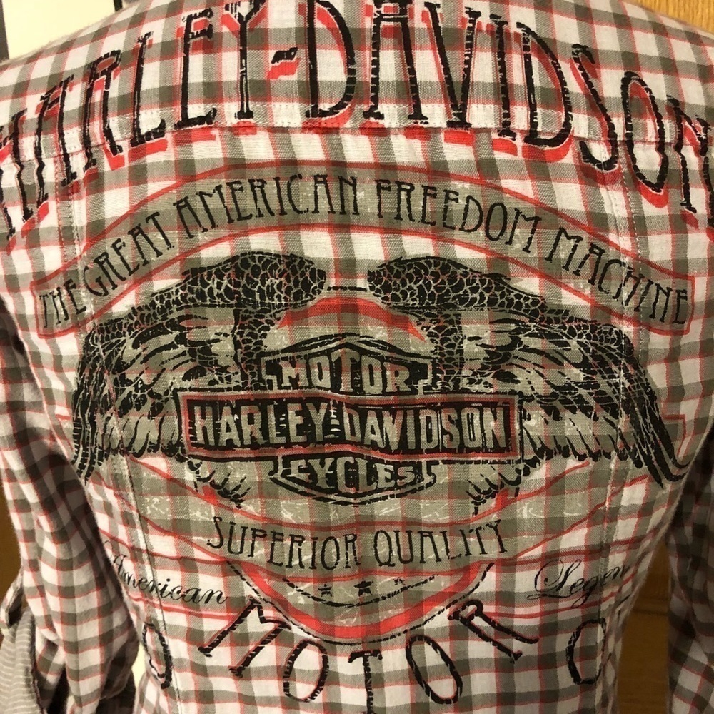 Harley-Davidson Roll Tab Pearl Snap Up Red Gray Plaid Top S Moto Blouse